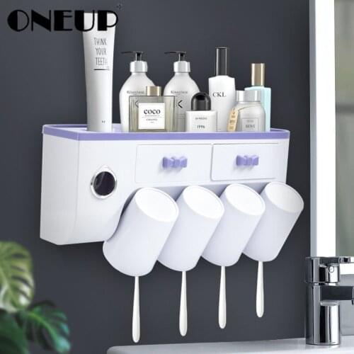 ONEUP Bathroom Accessories Set Toothbrush Holder With Cup Automatic Toothpaste Dispenser Holder Toothbrush Wall Mount Storage