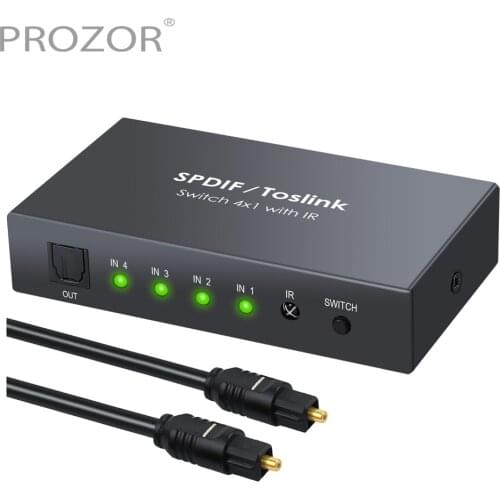 PROZOR 4 Input Toslink Switcher Digital SPDIF Optical Audio Switch Support AC3 PCM2.0 DTS with IR Remote Control For TV PS4 Xbox