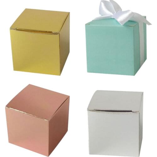 50pcs Blank Square Christmas Paper Gift Box With Ribbon DIY Rosegold Cardboard Box Packaging Soap Cookie Candy Party Favor Decor