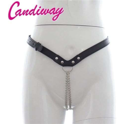 Candiway Adjustable Sexy Black V Shape Stainless Steel Male Chastity Leather Belt Pant Fetish Bondage Restraints Sex Toy For Men