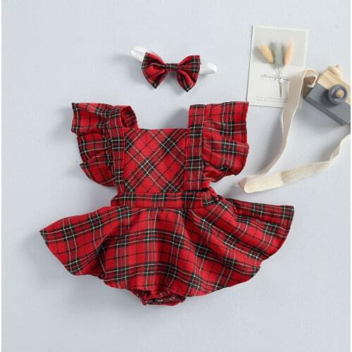 Xmas 0-24M Baby Girls Boys Rompers+Headband Plaid Print Ruffles Short Sleeve Backless Jumpsuits