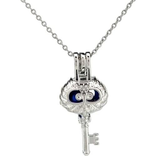 K795 Silver Owl Key Pearl Cage Necklace 18" Pendant Aroma Essential Oil Diffuser Locket