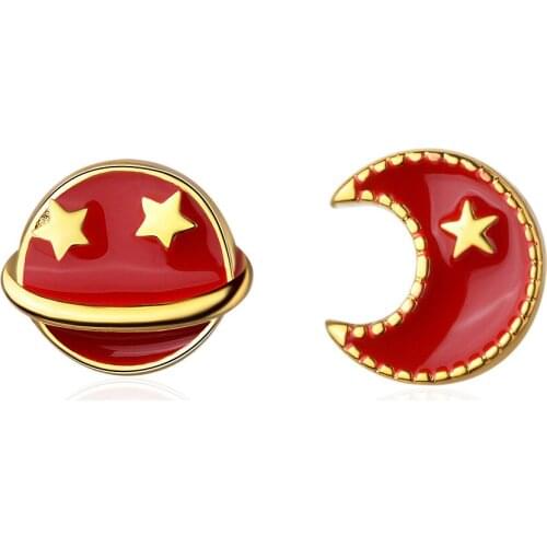 New Asymmetric Red Moon & Star 925 Sterling Silver Lady Stud Earrings for Women Wholesale Jewelry No Fade Gift Students