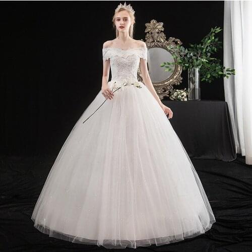 One-word Shoulder Wedding Dress Lace Up Bride Wedding Ball Gowns Princess Embroidery Wedding Dresses