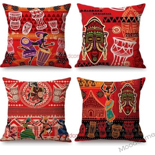 Dancing African Woman Cartoon Art Red Cheerful Theme Sofa Decoration Pillow Cover Cotton Linen Africa Tribal Art Cushion Cover