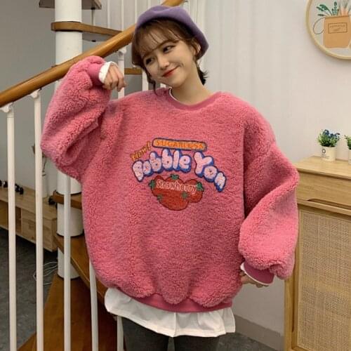 Women Fall Winter Long Sleeve Fleece Hoodie Strawberry Print Fuzzy Pullover 2021 Fake 2 Pieces Warm Sweatshirt Loose Kawaii Tops