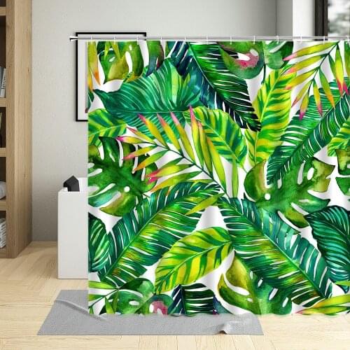 Tropical Plant green Leaf Shower Curtain Jungle Pattern Decoration Bathroom Screens Waterproof Washable With Hook Polyester