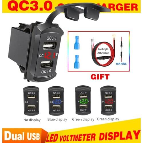 Dual USB Charger Socket Power Outlet Adapter Quick Charge 3.0 Waterproof with Voltmeter for Car Marine RV RZR Boat ATV Bus Truck