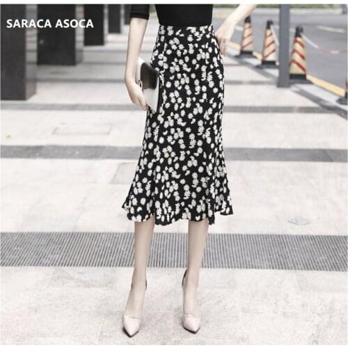 Summer Bohemian Mid-Length Chiffon Meimaid Skirt Women High Waist Ruffles Slim Hip Small Daisy Print Trumpet Bust Skirt For Girl