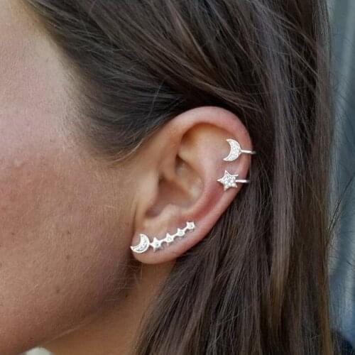Bohemian Moon Star Crystal Studs Earring Set For Women Girl Metal Geometric Stud Earring Eaf Cuff Bijoux