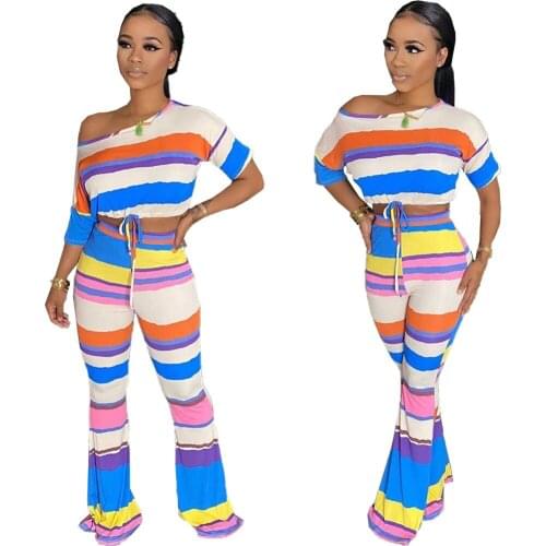 Adogirl 2020 Casual Striped Print Women Sets Off Shoulder Tops And Wide Leg Flare Trouser Sweatpants Two Pieces Set Tracksuits