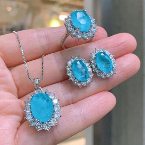 Charms 925 Sterling Silver Paraiba Tourmaline Lab Diamond Ring Earrings Pendant Necklace Womes Wedding Party Fine Jewelry Sets
