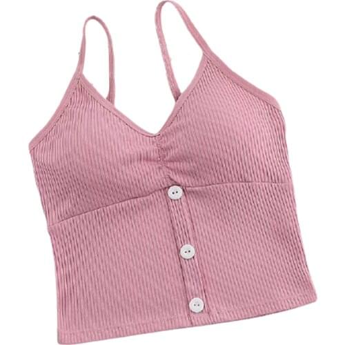 Womens Casual V Neck Ribbed Knit Front Crop Cami Top with Soft Replacement Pad Sleeveless d88