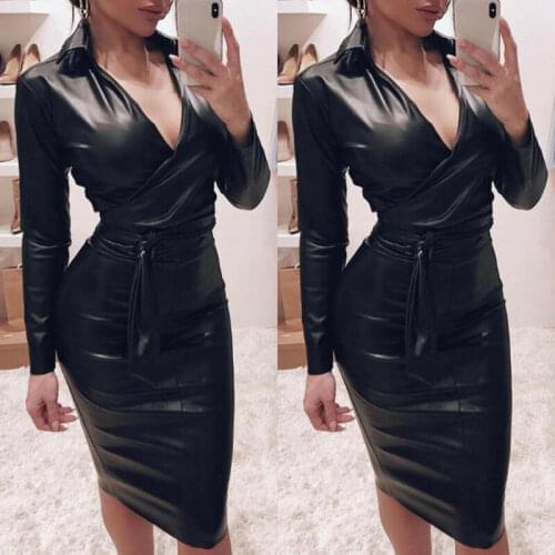 Newest Arrival Women Long Sleeve Autumn Spring Sexy Bodycon Midi Dress Slim V Neck Ladies Casual Black PU Leather Pencil Dress