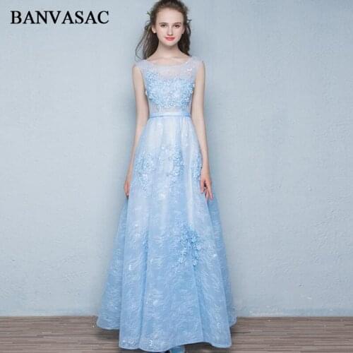 BANVASAC 2018 O Neck Lace Appliques A Line Long Evening Dresses Party Pearls Flowers Sash Illusion Zipper Back Prom Gowns