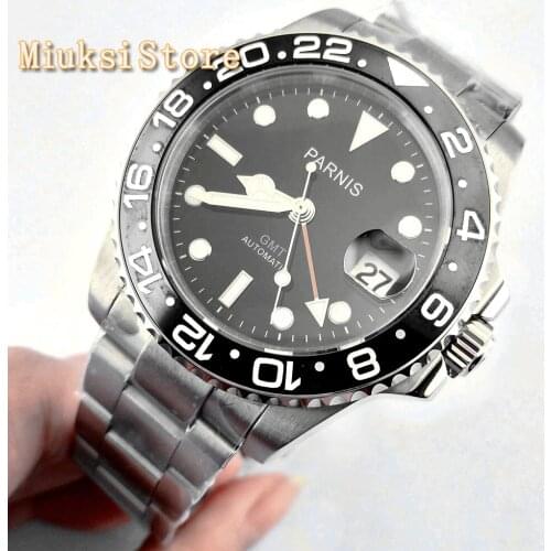 40mm PARNIS black dial luminous Sapphire glass Ceramic bezel GMT automatic mens watch Luxury Brand Top Mechanical Watches