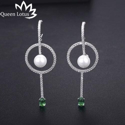 Queen Lotus Top Grade CZ Crystal Zircon Crystal Long Earrings Pierced Imitate Pearl Earrings For Women Jewelry
