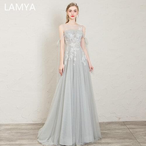 LAMYA Long Evening Dresses Fashion Lace Appliques Boat Neck Soft Tulle Vestidos Prom Party Dress a Line Sexy De Festa Plus Size