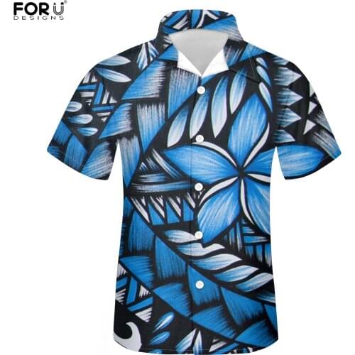 FORUDESIGNS African Floral Polynesian Plumeria Flower Sytle Men Short Sleeve Summer Button Shirt Male Design Tops Blouse