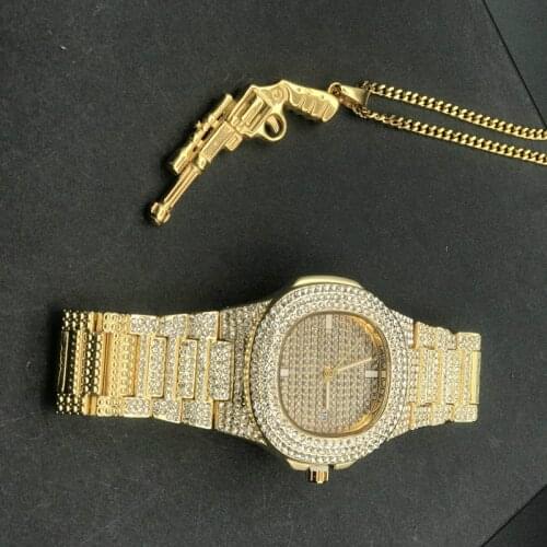 Hip Hop Men Gold Color Watch and Necklace Set Hip Hop Ice Out Cuban Chain AK47 Pendant w/ 24" Box Chain Necklace For Men