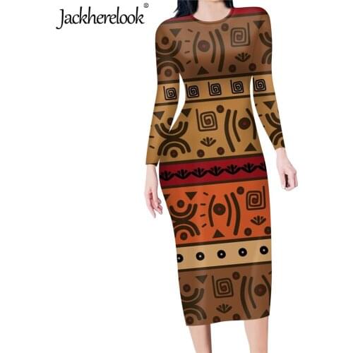 Jackherelook African Tribal Ethnic Print Vintage Women Long Sleeved Fashion Midi O-Neck Pencil Dress Sexy Bodycon Slim Dresses