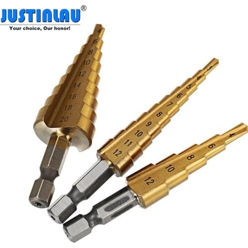 JUSTINLAU 3Pcs 1/4 Inch Hex Shank HSS Titanium Coated Step Drill Bit Set 3-12/4-12/4-20mm