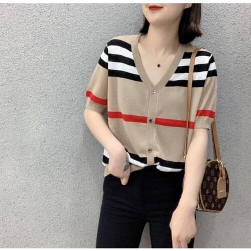 Women Cardigan Summer Casual Ice Silk Knitted Short Cardigan V Neck Female Shirt Chic Loose Top Woman cardigan British Style
