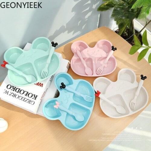 Children Cute Cartoon Bear Tableware Set Wheat Straw Baby Dinner Plate Feeding Dishes Toddler Training Bowl Spoon Fork for Kids