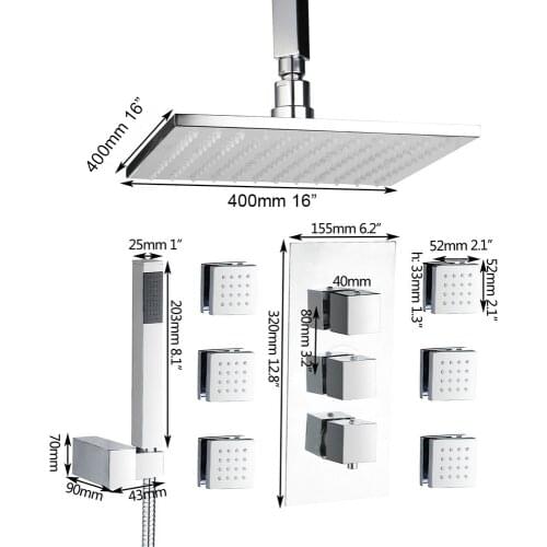 YANKSMART 16 Inch LED Square Shower Head Wall Mounted Brass Rainfall Bathroom Shower Set Kit w/ Hand Sprayer 6 massage jets