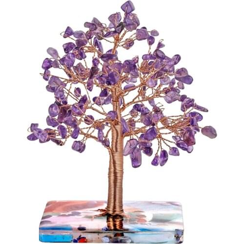 TUMBEELLUWA Natural Healing Crystal Tree with Agate Slices Resin Base for Home Decor,Copper Wrapped Money Tree for Wealth & Luck