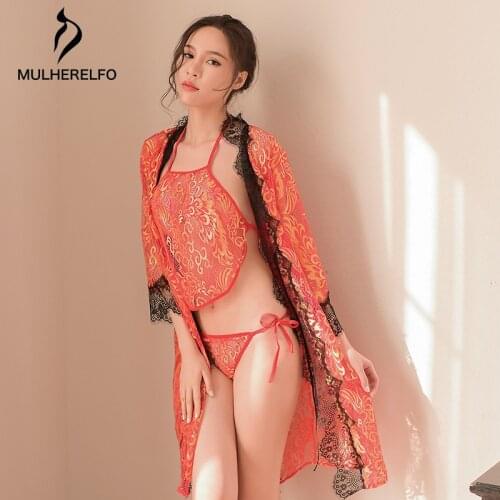 Sexy ladies thin section see through sleepwear stitching hollow womens Nightie sexy ladies three-piece dressing gowns for women