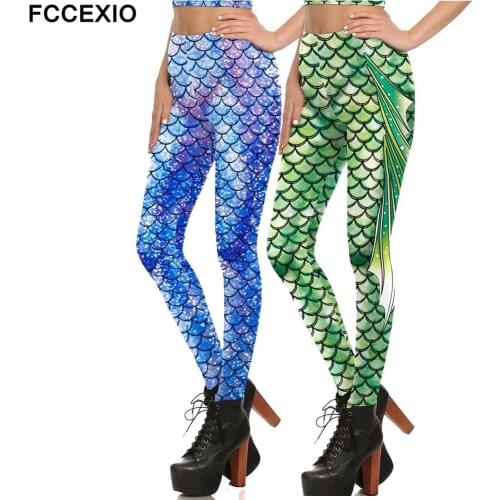 FCCEXIO New Mermaid Scales 3D Print Tight Leggings Women Casual Sports Pants Fitness Printed Leggings Female Sexy Skinny Pants
