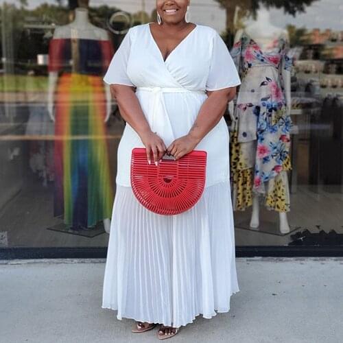 4XL 5XL Plus Size White Dresses for Women Solid V Neck High Waisted Ankle Length Pleated Fashion Elegant Evening Night Vestidos