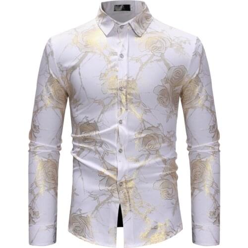 Gold Rose Print Shirt Men 2021 Luxury Brand Casual Mens Dress Shirts Slim Fit Long Sleeve Floral Shirt Male Camisa Masculina