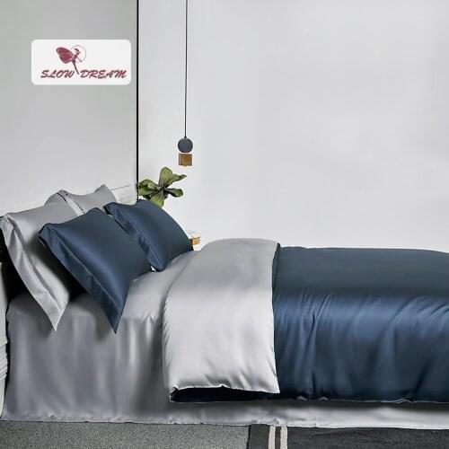 SlowDream Luxury 100% Silk Blue Gray Bedding Set Premium 6A Grade Silk Duvet Cover Pillwocase Queen King Flat Sheet For Sleep