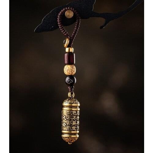 Lucky Hangings Brass Vintage Leather Bag Lanyard Keychains Tibetan Buddhism Chinese Sutra Bottle Car Key Chain Pendants Jewelry
