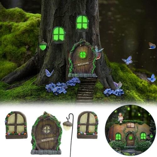 Glow in The Dark Fairy Door and Windows Tree Ornament Luminous Yard Art Sculpture for Room Garden Patio Decor