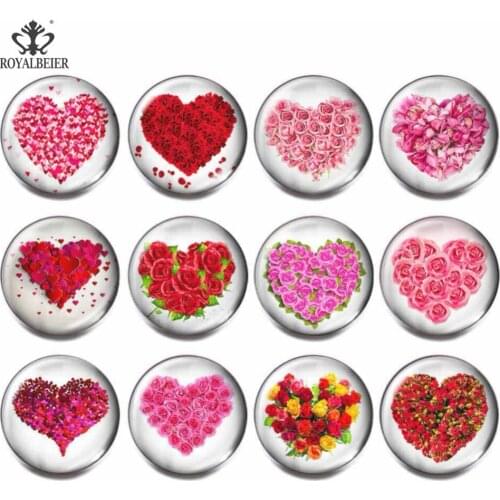Royalbeier 12pcs/lot Mix Heart Theme Red Flower Glass Beads 18mm Snap Button Charm DIY Bracelet Jewelry Women berloque