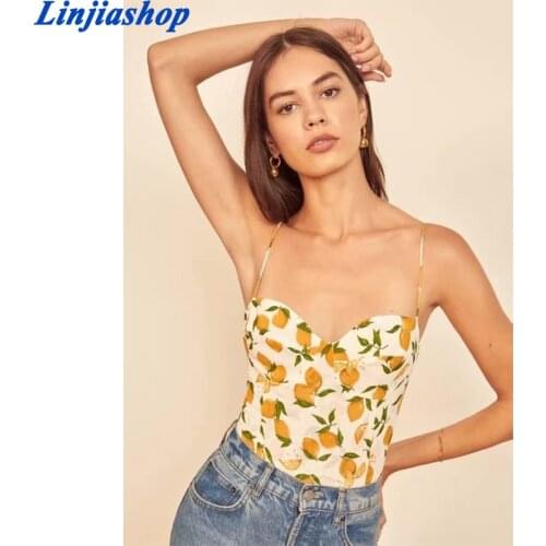 Vintage Lemon Print Slim Women Top Adjust Spaghetti Straps Women Camis Fashion Yellow Women Tank Top