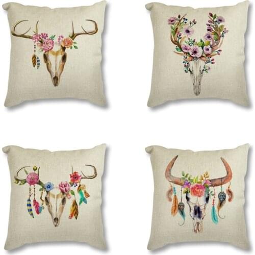 Vintage Cushion Cover Retro Animal Deer Head Skull Feather Dream Catcher Print Pillowcase Sofa Seat Decorative Cushion Cover