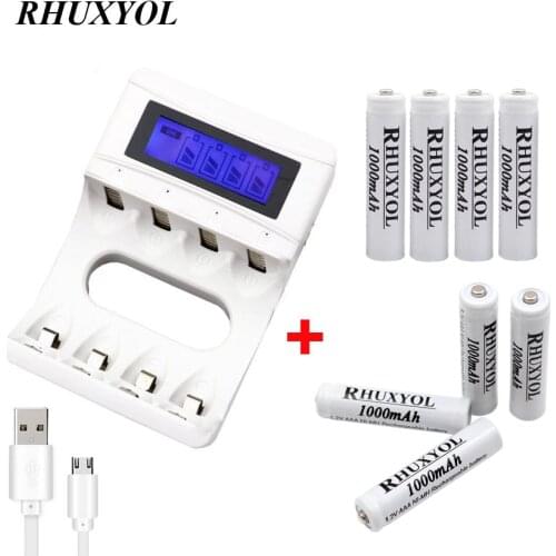 RHUXYOL LCD NiCd NiMh Battery USB Charger with 8pcs 1.2V 1000mAh AAA NIMH Rechargeable cell bateria accumulator
