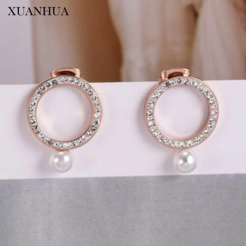 XUANHUA Rose Gold Round Earrings For Women Stainless Steel Jewelry Woman Charms Pearl Earings Fashion Jewelry Accessories