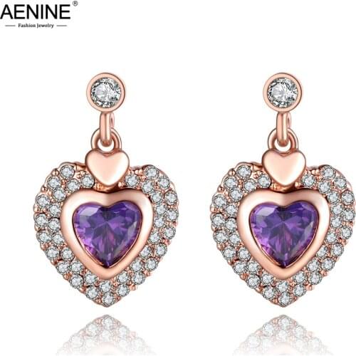 AENINE Trendy Purple Cubic Zirconia Heart Shape Stud Earring Rose Gold Color Austrian Crystal Earrings Jewelry For Women ER0184