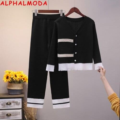 ALPHALMODA 2020 Autumn New Arrival Women Pleated Trim V-neck Graceful Sweater + Pants 2pcs Fashion Set OL Casual Clothes Suit