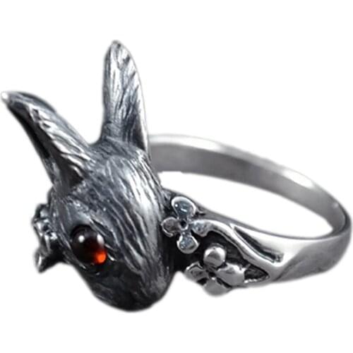New cute rabbit solid 925 silver ring for women s925 silver retro simple personality small fresh two-dimensional female ring