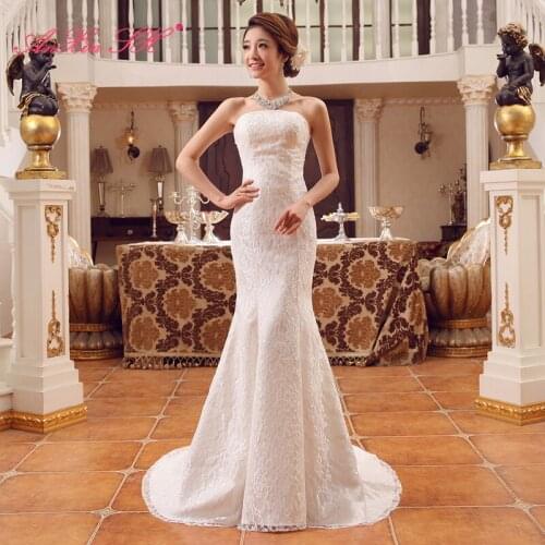 AXJFU luxury flower lace white mermaid wedding Dress vintage strapless sleeveless flower trumpet white wedding dress