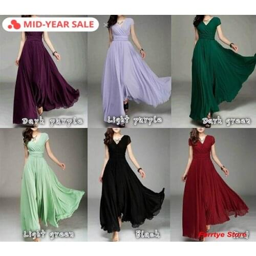 2020 summer fashion evening banquet dress long dress solid color elegant lady wedding female short sleeve deep V-neck