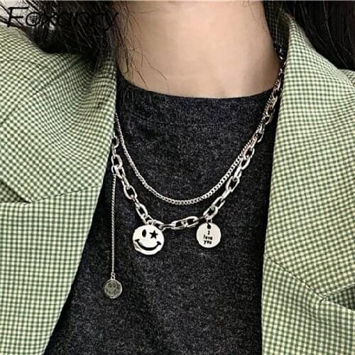Evimi 925 Sterling Silver Vintage Hollow Necklace for Women New Fashion Smiley Face Thick Chain Thai Silver Party Jewelry