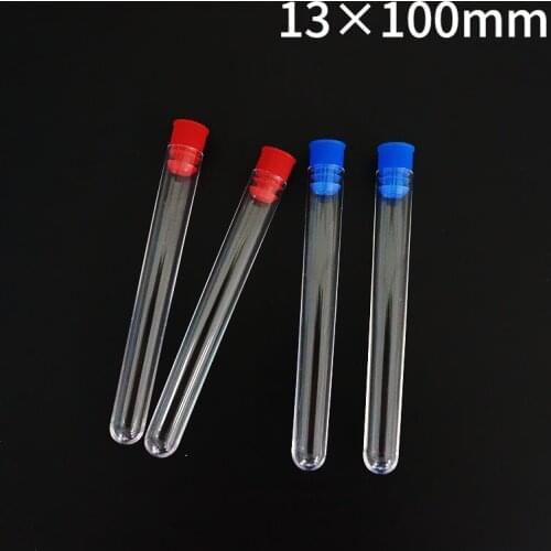 50pcs/lot 13x100mm Lab Plastic Test Tubes With Red/Blue/White Color Push Plugs Caps, School Lab Supplies