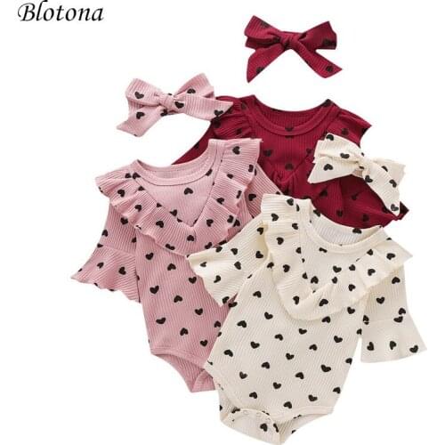 Blotona Toddler Romper, Long Sleeve Crotch Buttons Jumpsuit Homewear Heart Printed Bodysuit with Headband 2Pcs Outfits 0-24M